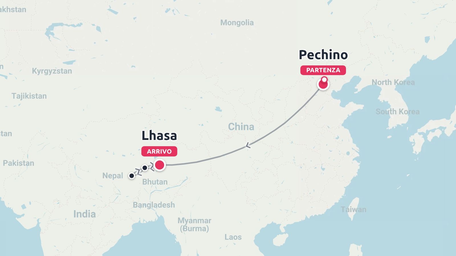 Mappa dell'itinerario di viaggio in Cina con partenza da Pechino e arrivo a Lhasa, proseguendo verso il Nepal.