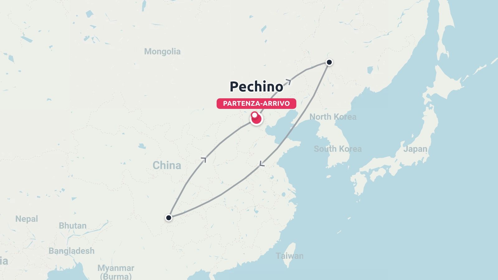 Mappa dell'itinerario di viaggio in Cina con partenza e arrivo a Pechino e rotte di volo circolari.