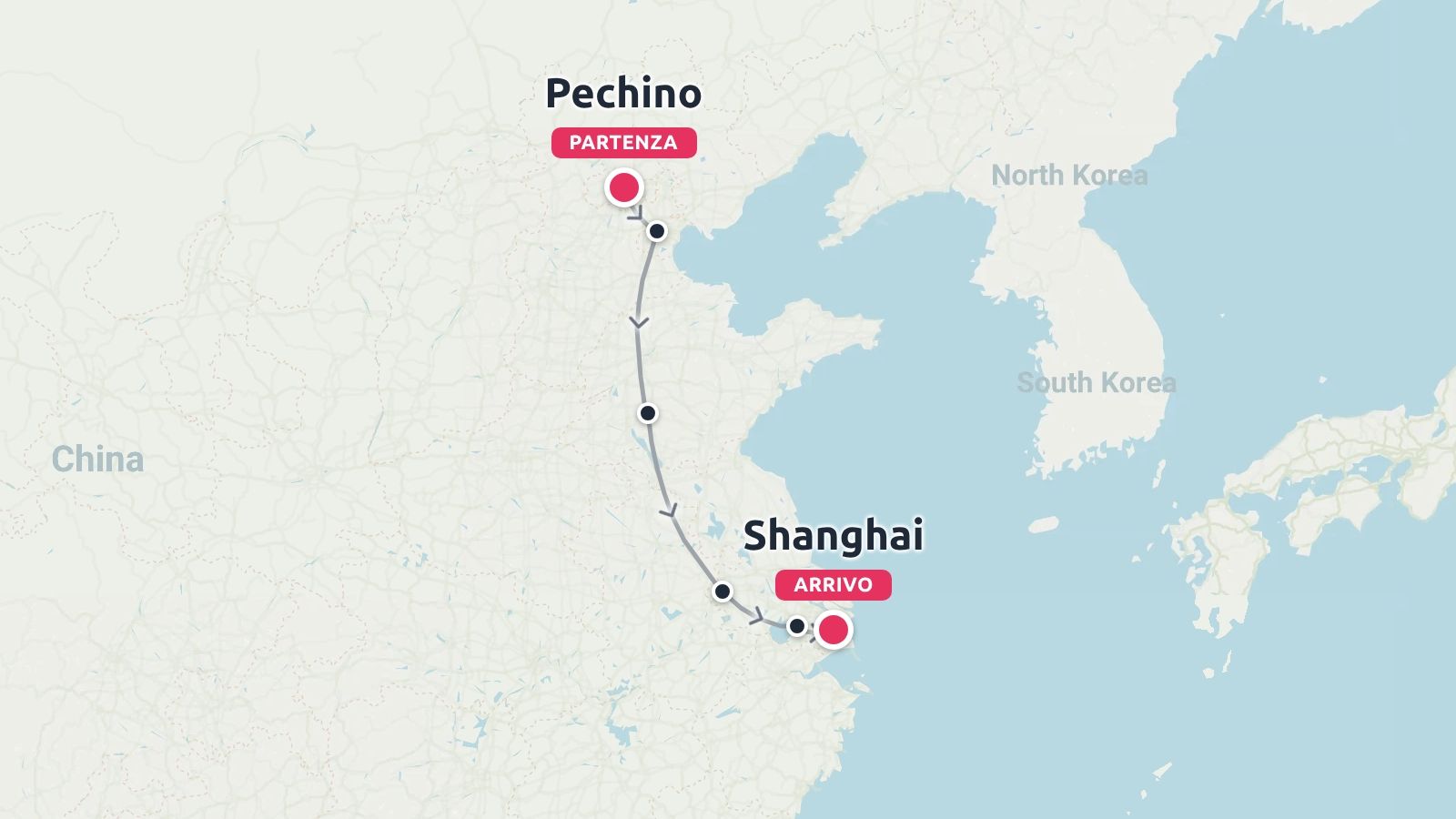 Una mappa dell'itinerario di viaggio in Cina che mostra una linea di viaggio dalla partenza a Pechino all'arrivo a Shanghai.