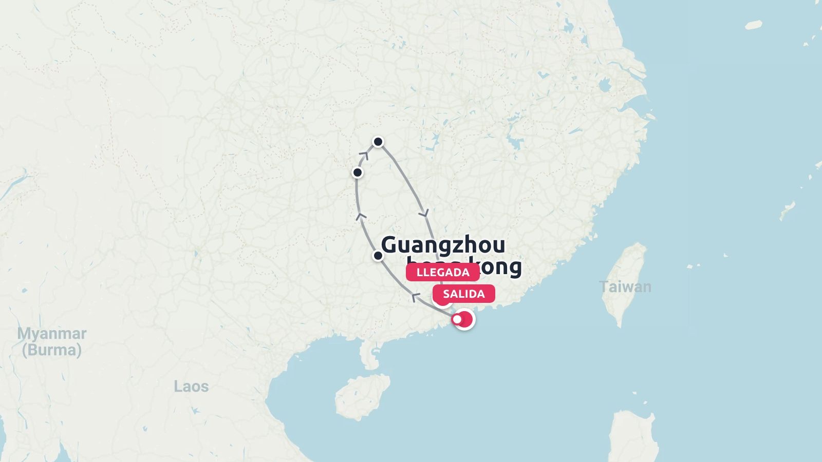 Mapa de ruta de viaje en China que muestra un itinerario circular que comienza y termina en Hong Kong y pasa por Cantón
