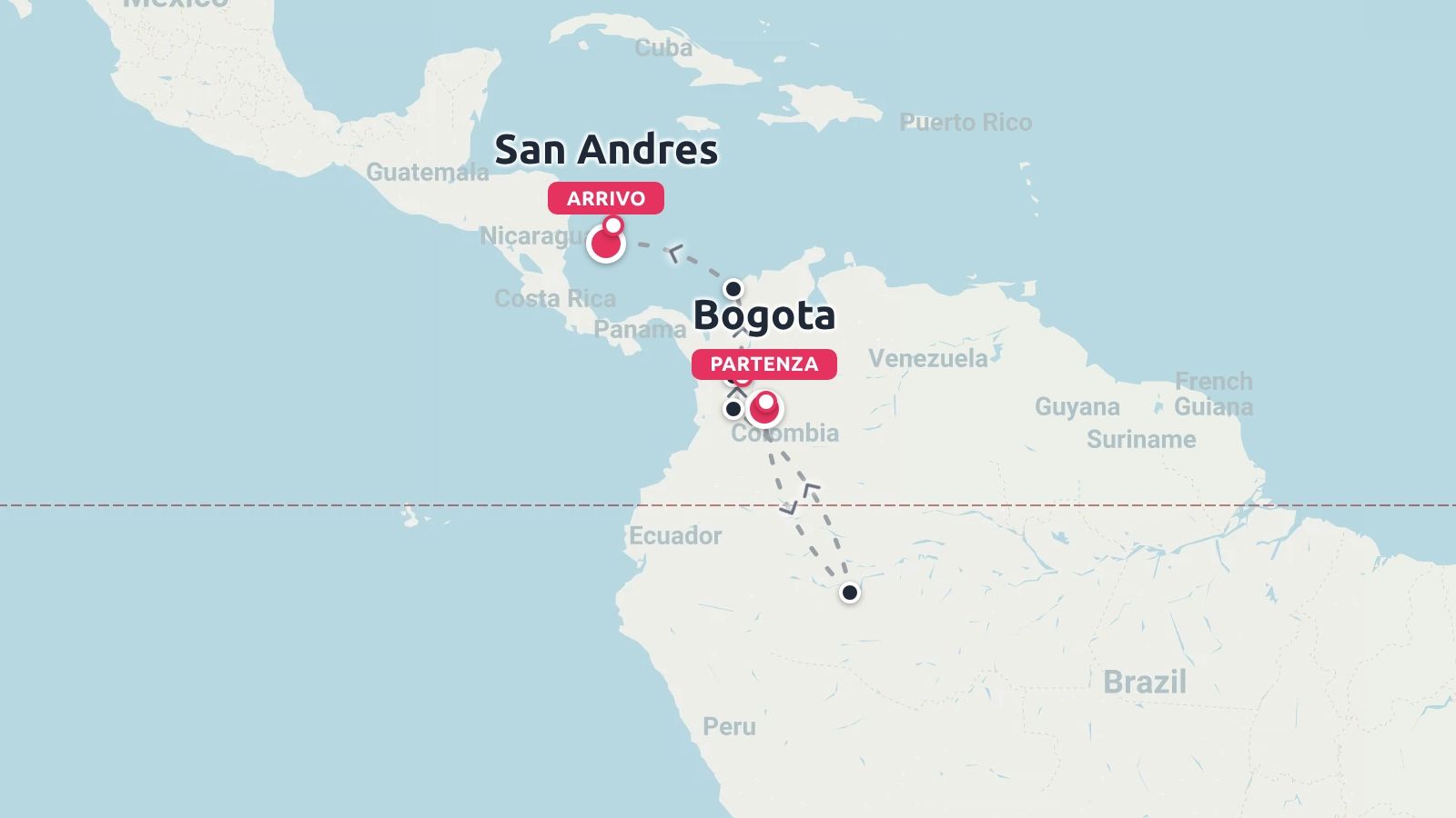 Mappa di viaggio che mostra un itinerario tra Bogotà, Colombia e San Andrés con linee di rotta di volo contrassegnate.