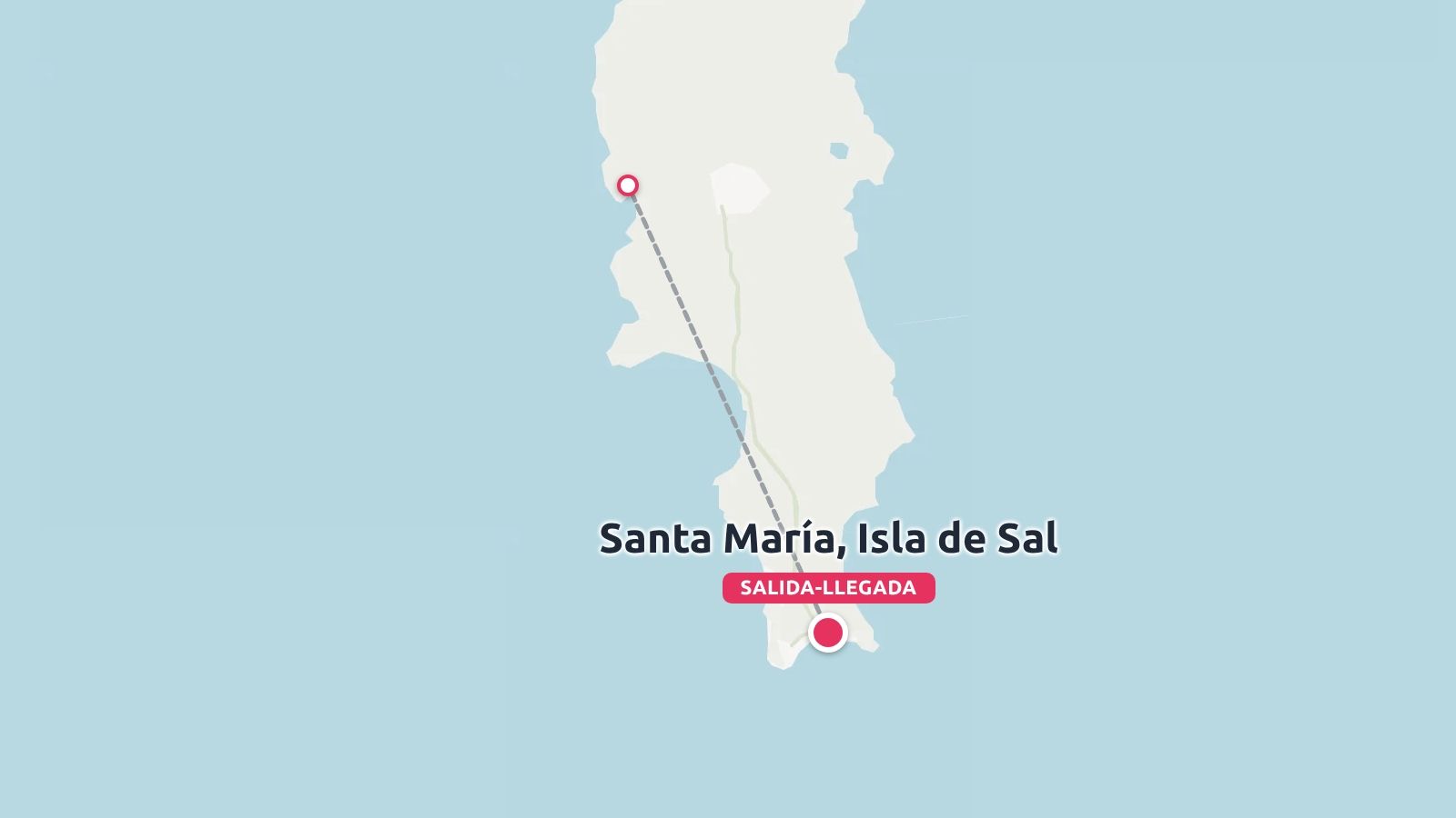 Un mapa de ruta de viaje que muestra Santa María, Isla de Sal, destacando los puntos de salida y llegada en la isla.