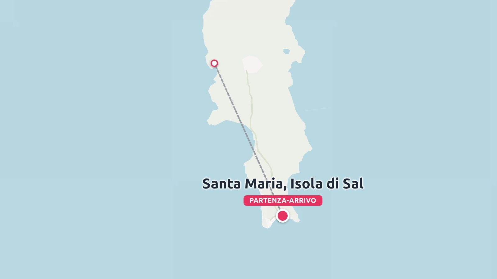 Una mappa dell'itinerario di viaggio di Santa Maria sull'Isola di Sal che indica un punto di partenza e di arrivo.