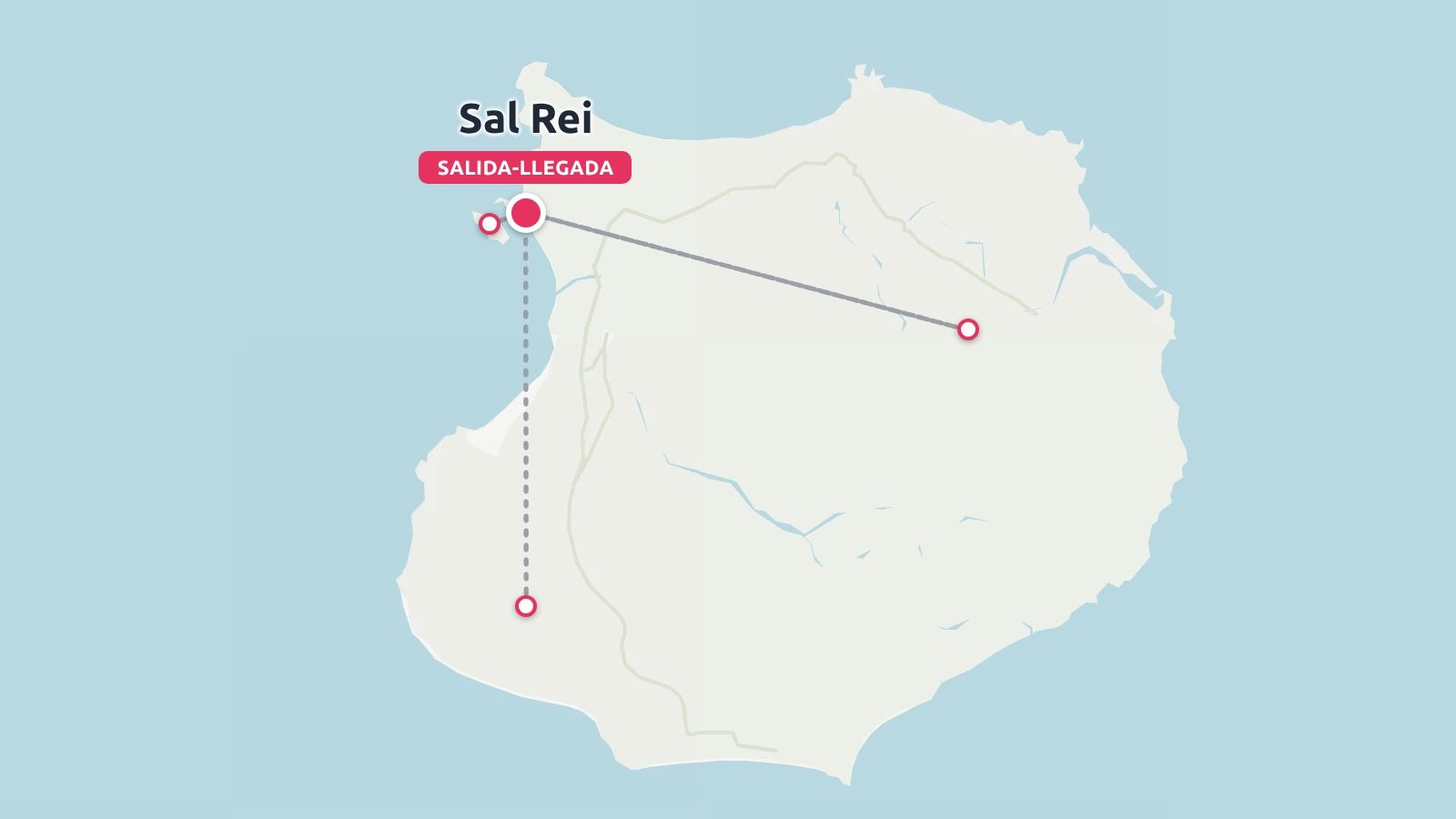 Un mapa ilustrado de Boa Vista que muestra una ruta de viaje que conecta lugares desde Sal Rei