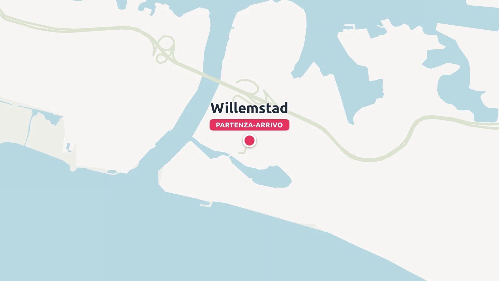 Una mappa di viaggio che mostra Willemstad segnato come punto di partenza e di arrivo lungo la costa.