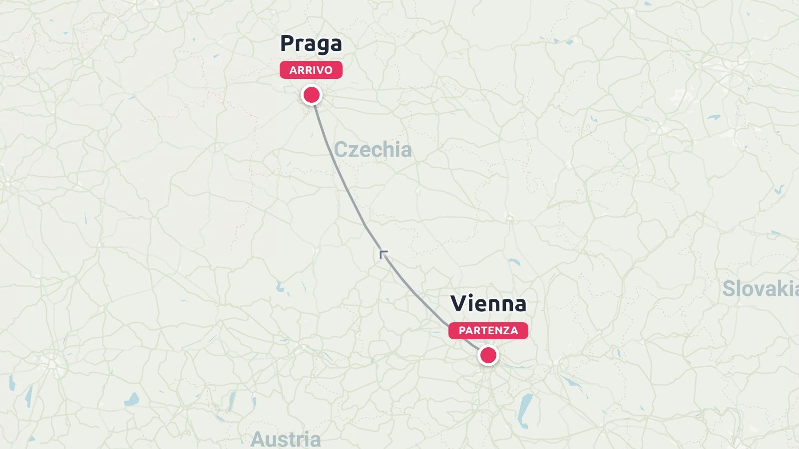 Una mappa dell'itinerario di viaggio che mostra un percorso con partenza da Vienna, in Austria, e arrivo a Praga, in Cechia.