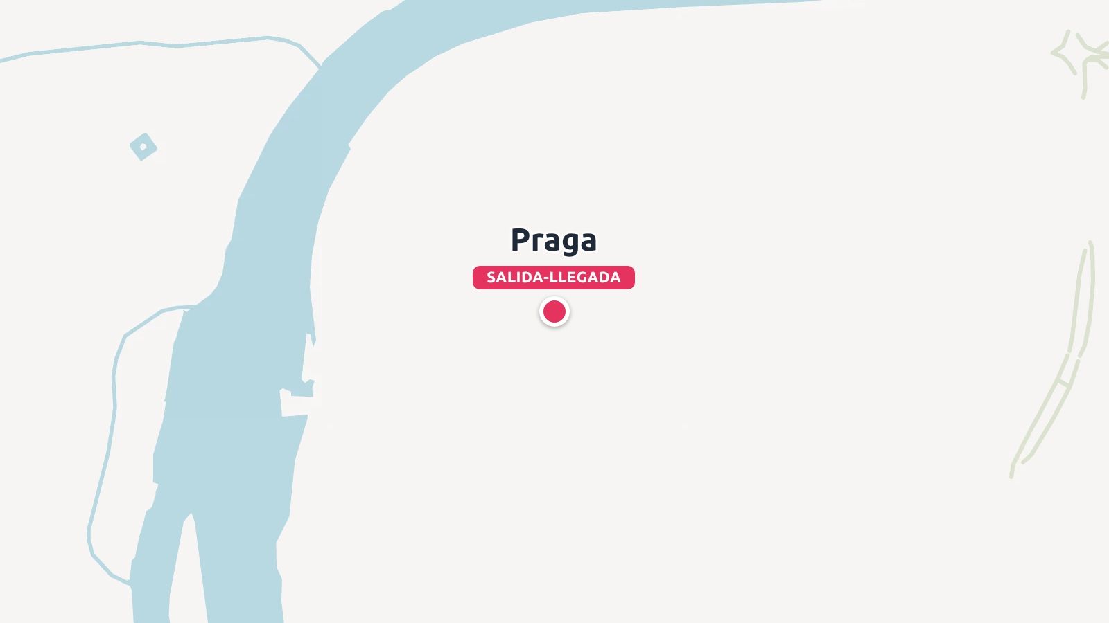 Un mapa de viajes que muestra Praga marcada con un pin rojo de salida y llegada junto a un río.