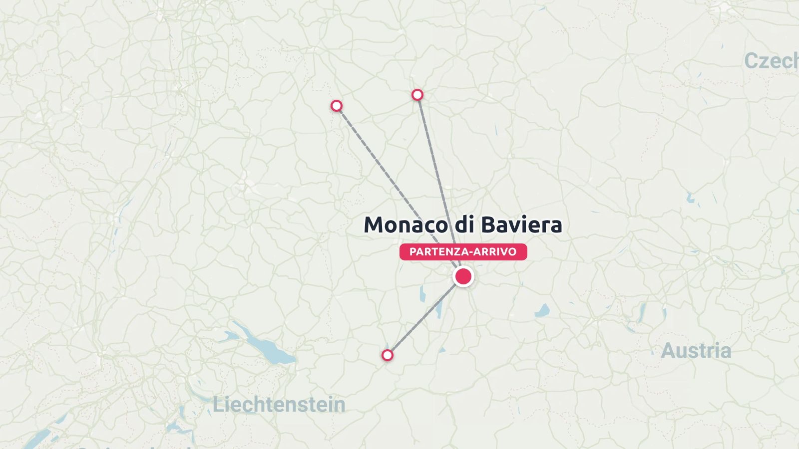 Una mappa di un itinerario di viaggio che mostra i punti collegati in Germania, con partenza e arrivo a Monaco di Baviera.