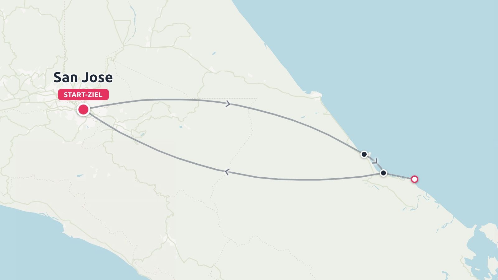 Eine Reiseroute, die eine Rundreise zeigt, die in San Jose beginnt und endet.