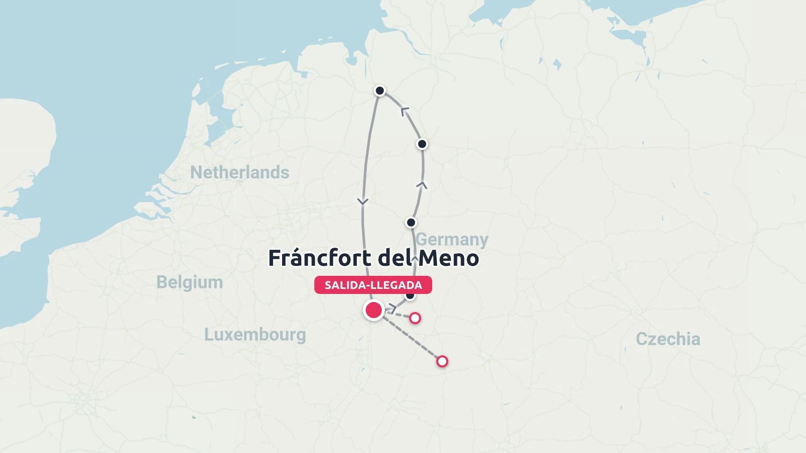 Mapa de ruta de viaje por Alemania con inicio y fin en Frankfurt am Main y múltiples paradas marcadas
