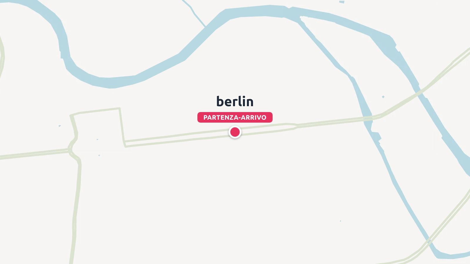 Una grafica di mappa minimalista che mostra Berlino contrassegnata da un'etichetta rossa di punto di partenza e arrivo.