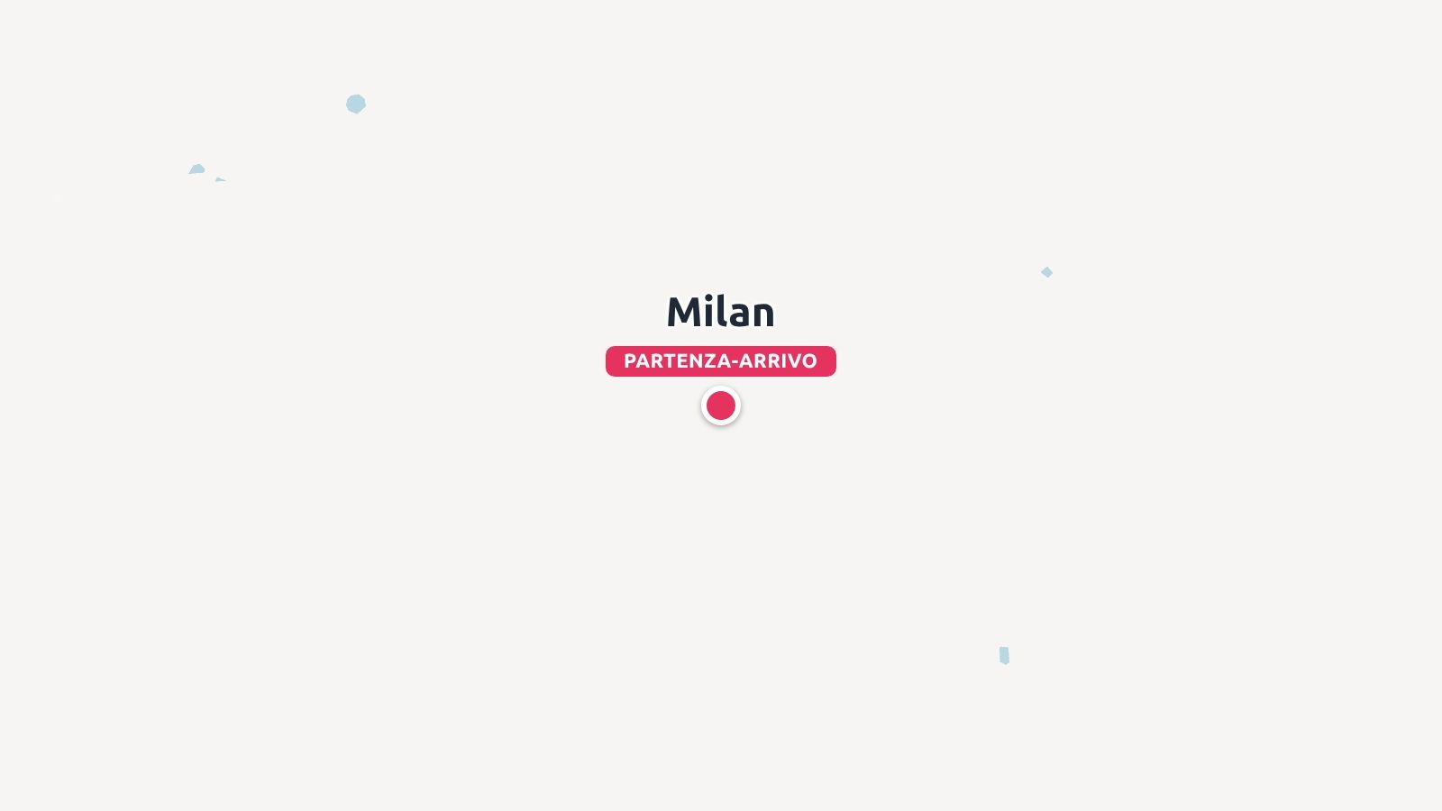 Una grafica di mappa di viaggio minimalista che segna Milano come punto di partenza e arrivo con un puntina rossa.