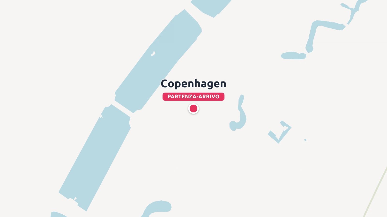 Una mappa minimalista che indica Copenaghen contrassegnata con un puntina rossa come punto di partenza e arrivo