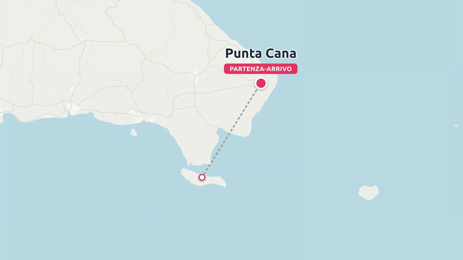Una mappa di un itinerario di viaggio che mostra Punta Cana contrassegnata come punto di partenza e di arrivo collegata a un'isola meridionale