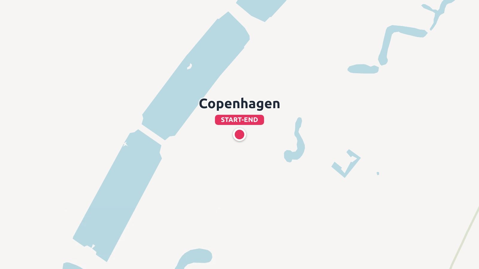 A minimalist travel map marking Copenhagen with a red pin labeled START-END alongside waterways.