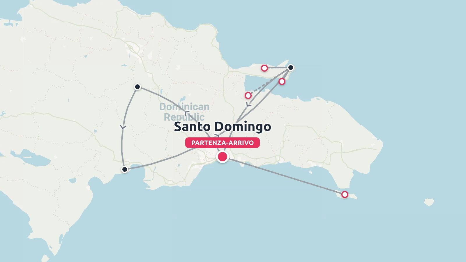 Una mappa di itinerario di viaggio della Repubblica Dominicana che evidenzia un percorso con partenza e arrivo a Santo Domingo