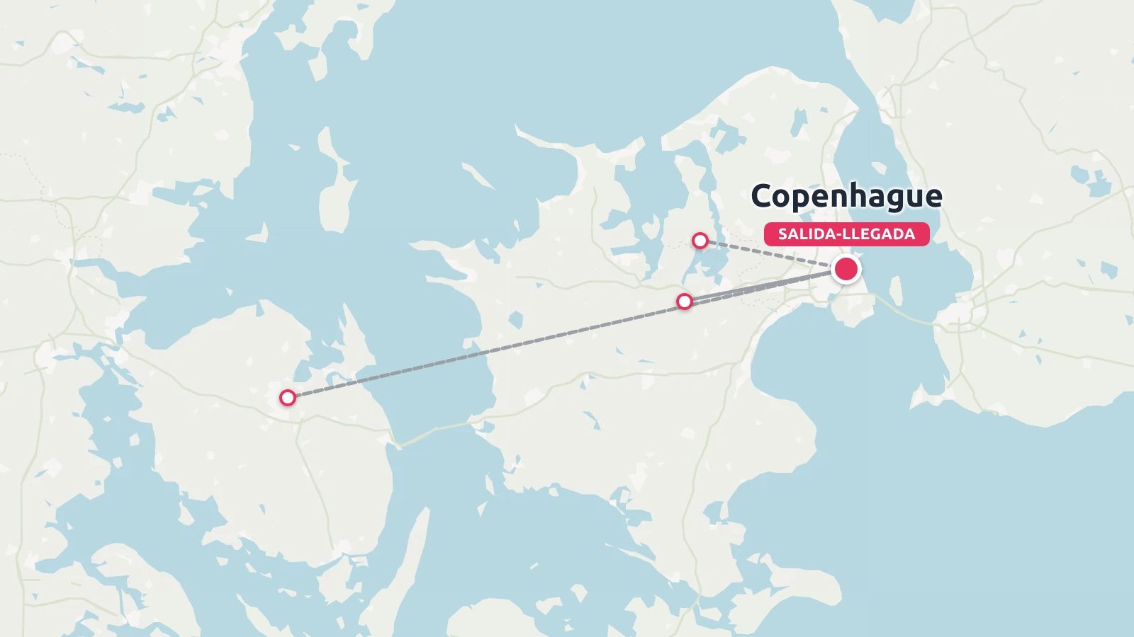 Un mapa de ruta de viaje centrado en Copenhague, con líneas discontinuas que conectan varios puntos de ubicación marcados.