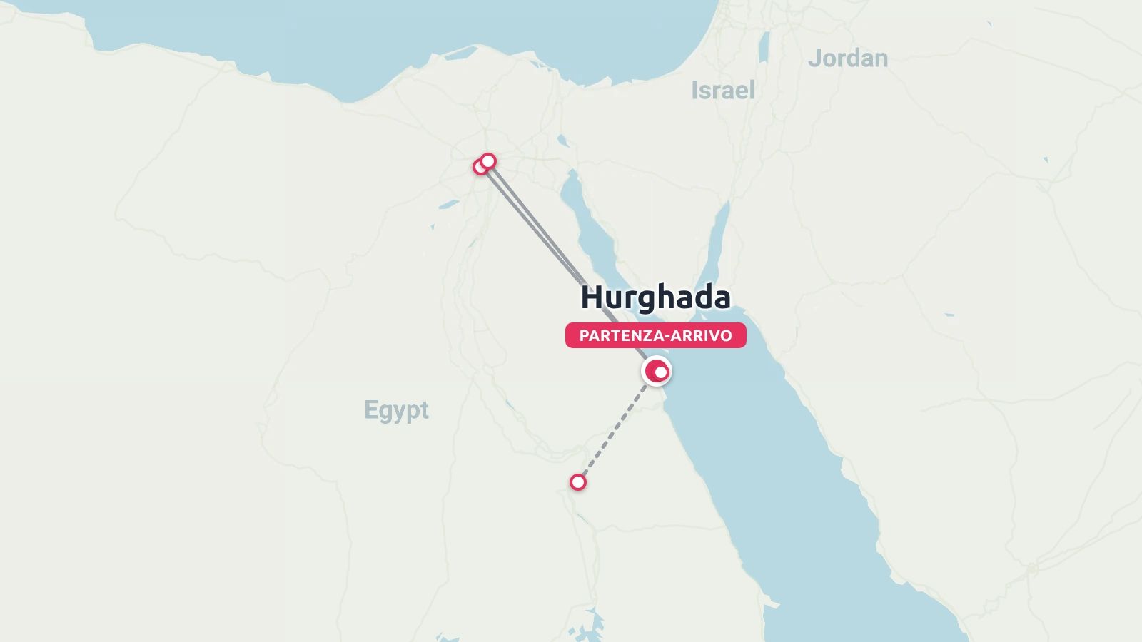 Una mappa dell'itinerario di viaggio in Egitto con partenza e arrivo segnati a Hurghada
