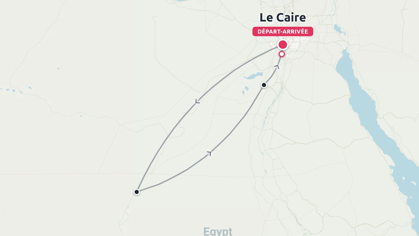 Carte de l'itinéraire de voyage en Égypte avec des points de départ et d'arrivée marqués au Caire et une boucle à travers le désert occidental.