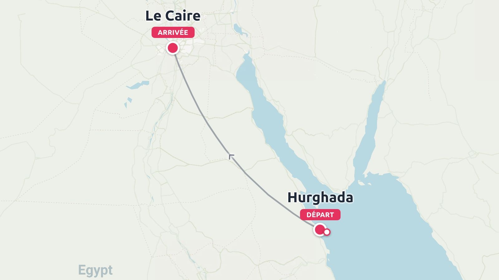 Un itinéraire de voyage en Égypte indiquant un trajet de Hurghada au départ jusqu'au Caire à l'arrivée.