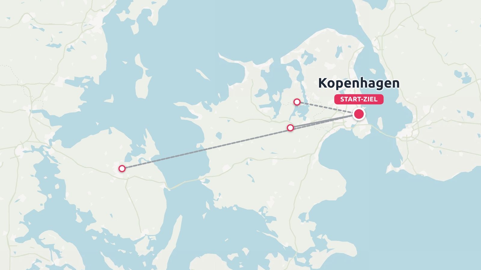 Eine Reiseroute durch Dänemark mit Punkten, die durch Linien verbunden sind, Start und Ziel in Kopenhagen