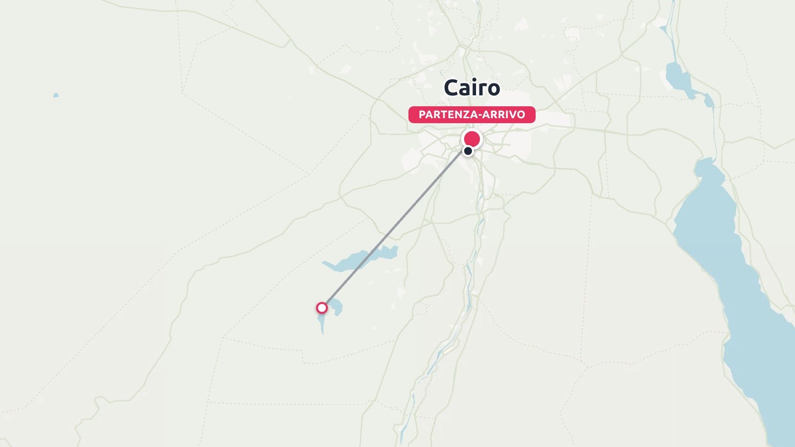 Una mappa dell'itinerario di viaggio che mostra una linea con partenza e arrivo al Cairo, estendendosi verso una destinazione sud-occidentale.