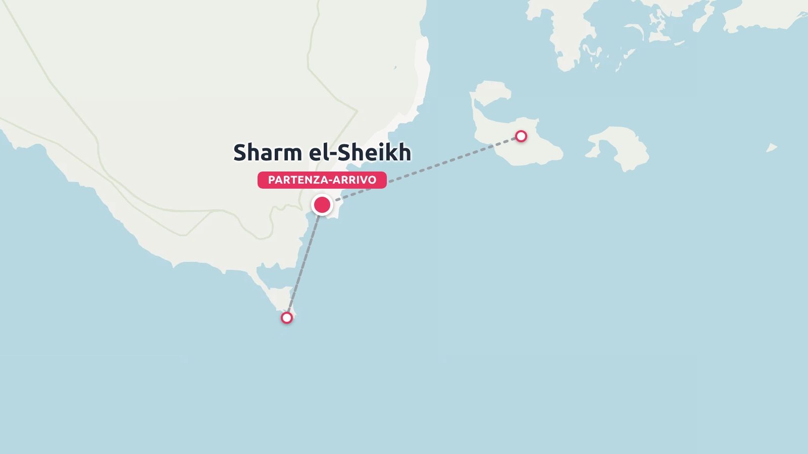 Una mappa di itinerario di viaggio che mostra Sharm el-Sheikh come punto di partenza e di arrivo con linee di percorso di collegamento