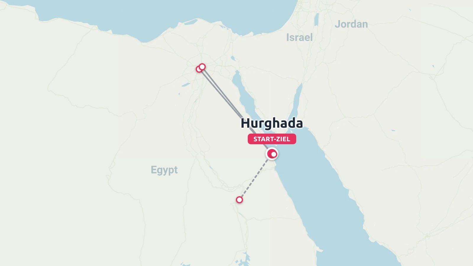Karte von Ägypten mit einer Reiseroute, die Hurghada mit Reisezielen im ganzen Land verbindet.