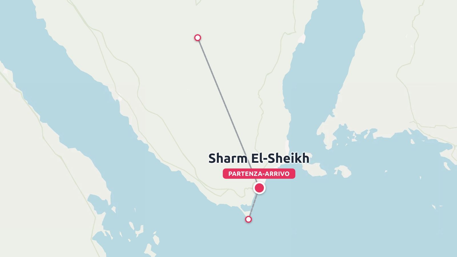 Mappa dell'itinerario di viaggio con punti di passaggio contrassegnati e collegati da linee, con partenza e arrivo a Sharm El-Sheikh.