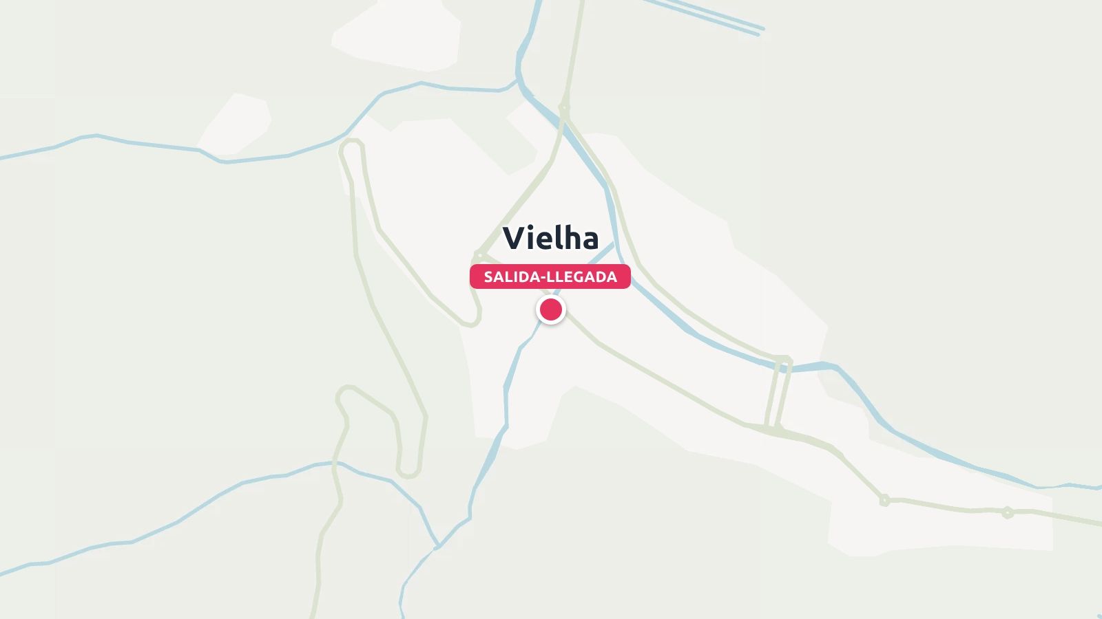 Un mapa que muestra Vielha marcada con un alfiler rojo que indica el punto de salida y llegada etiquetado como salida-llegada.