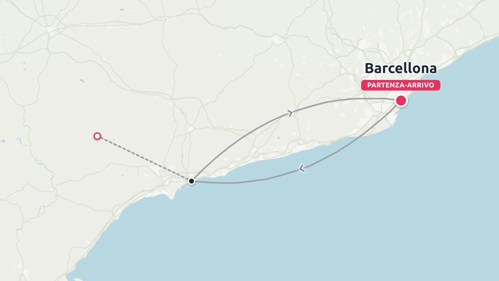 Una mappa del percorso di viaggio che mostra un itinerario ad anello con partenza e arrivo a Barcellona lungo la costa mediterranea