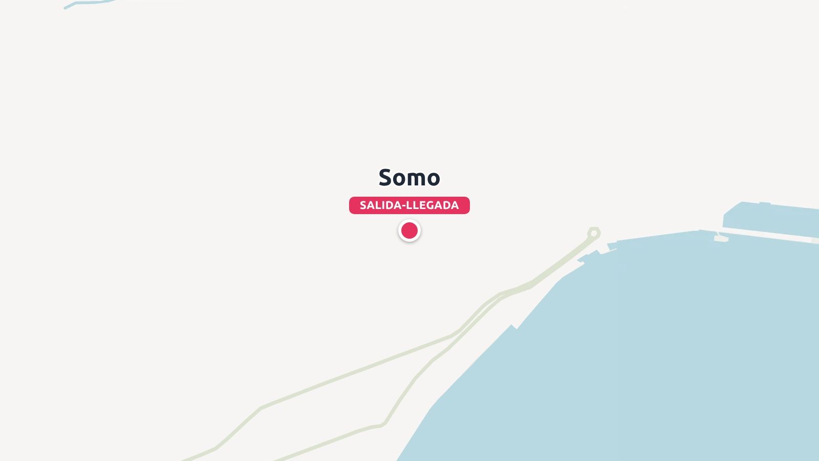 Un mapa que muestra un pin rojo que marca el punto de salida y llegada llamado Somo en la costa.