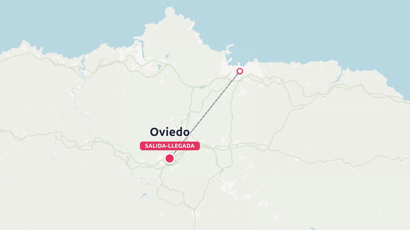 Un mapa que muestra una ruta de viaje discontinua que conecta Oviedo con un lugar en la costa norte