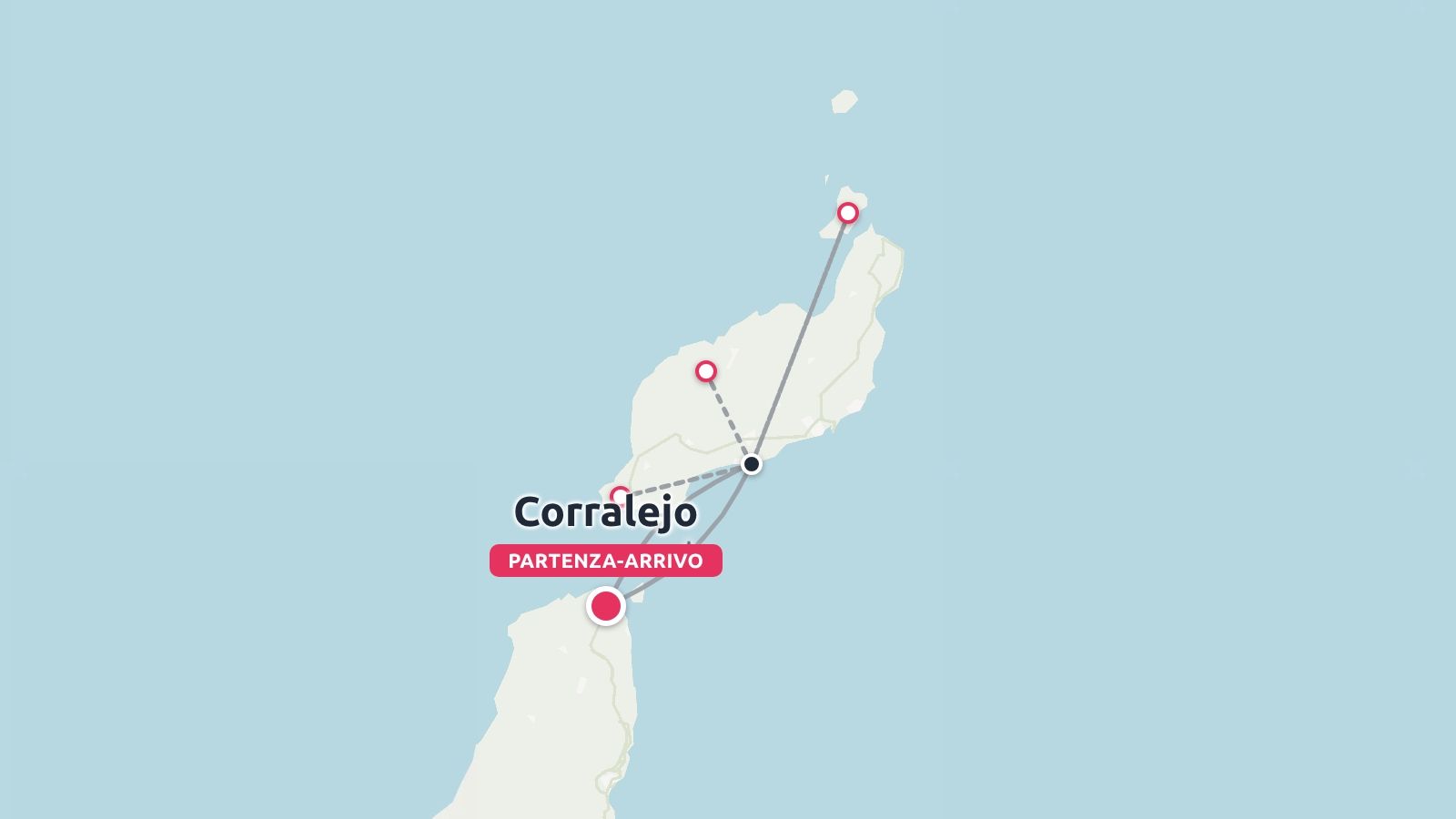 Una mappa illustrata del percorso di viaggio con punti collegati, che segna Corralejo come località di partenza e arrivo.
