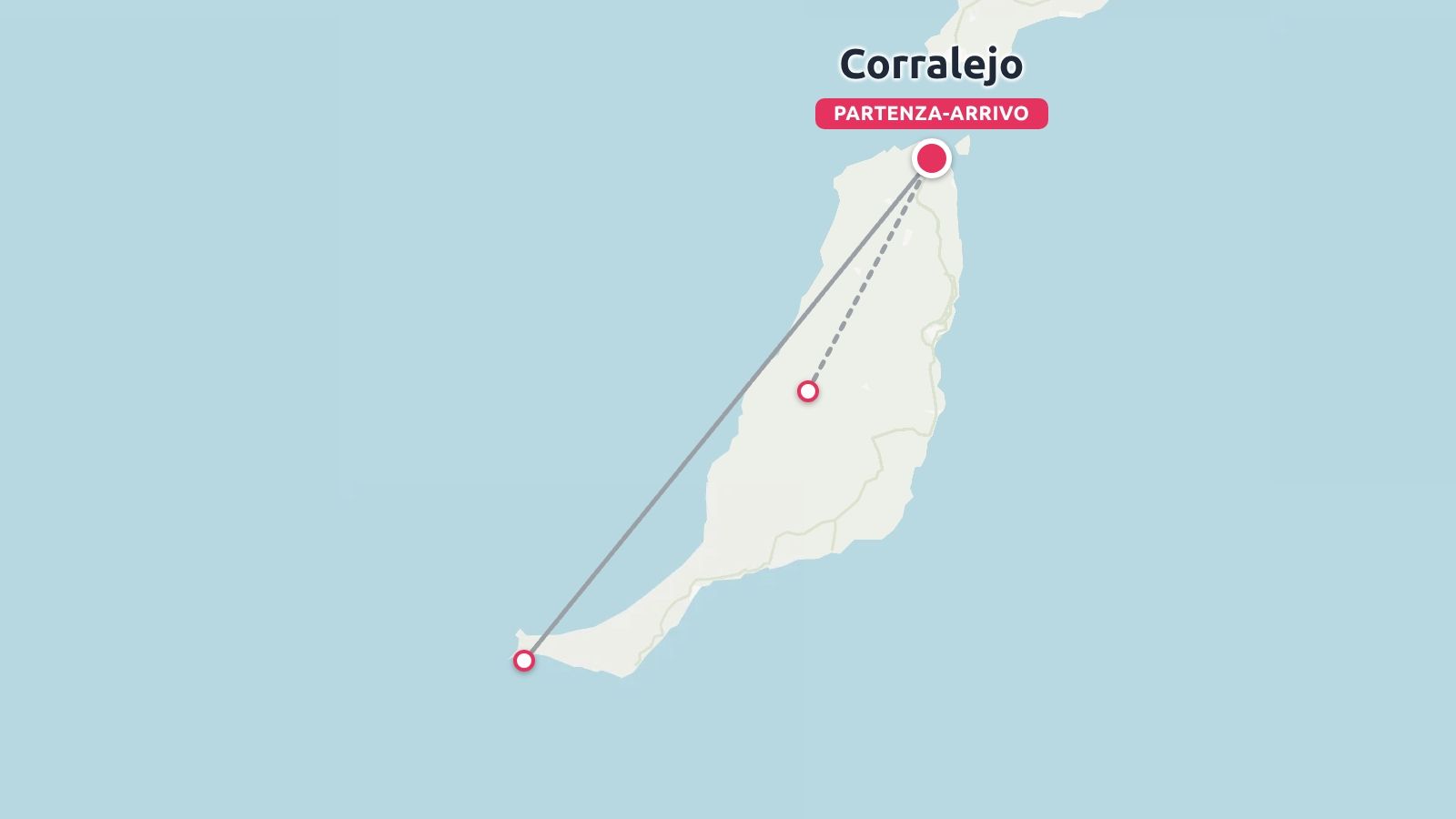 Mappa dell'itinerario di viaggio dell'isola di Fuerteventura con un percorso che inizia e finisce a Corralejo