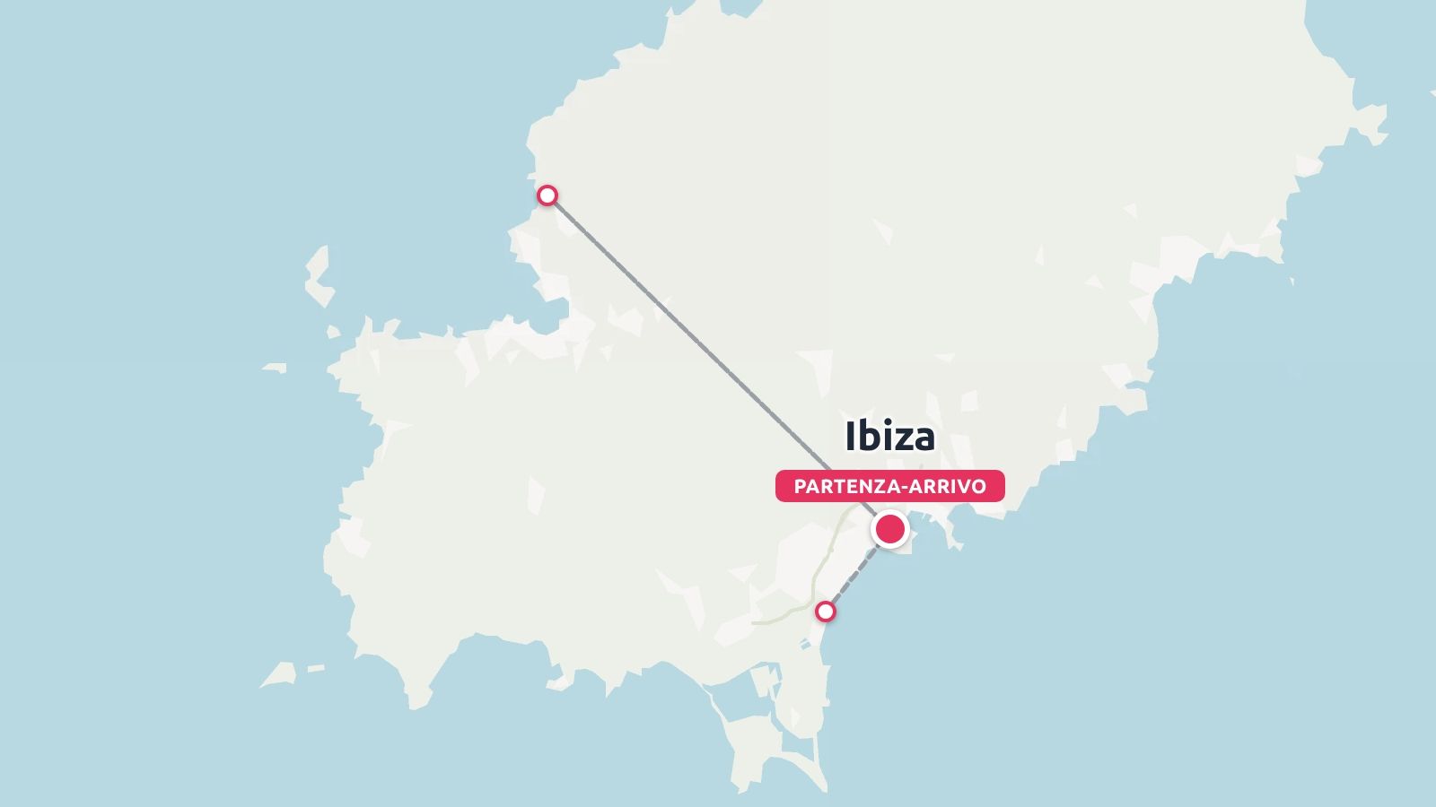 Una mappa dell'itinerario di viaggio di Ibiza che mostra i punti di partenza e di arrivo collegati da linee rette.