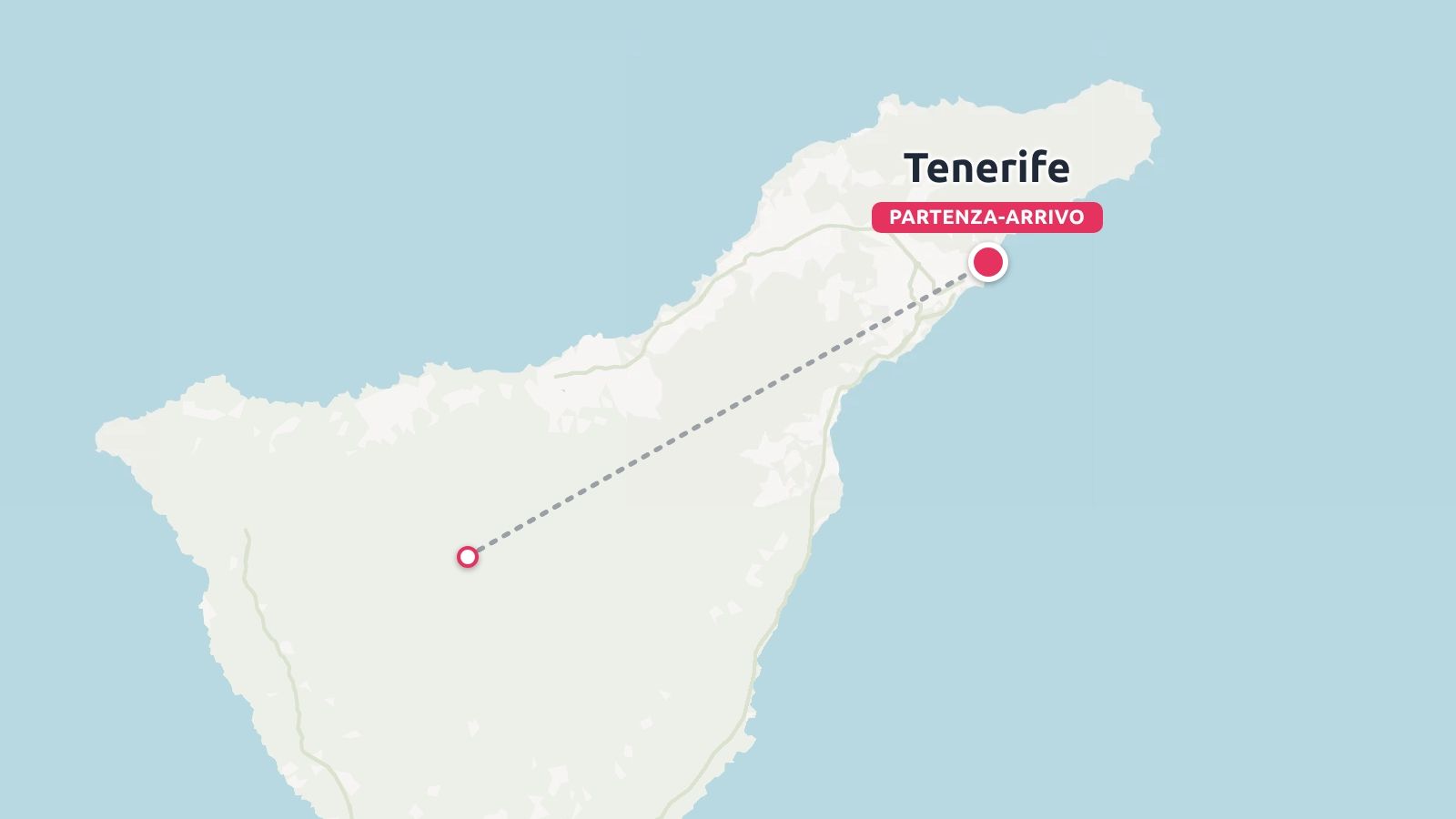 Una mappa dell'itinerario di viaggio di Tenerife che mostra una linea tratteggiata tra i punti dell'isola.