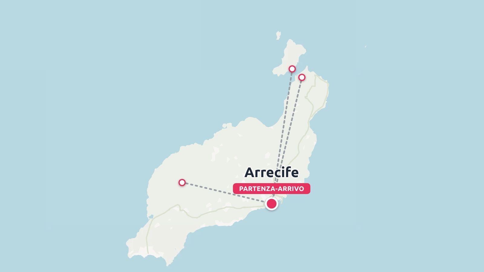 Una mappa dell'itinerario di viaggio di Lanzarote con le tappe collegate da linee tratteggiate e Arrecife indicata come partenza e arrivo.