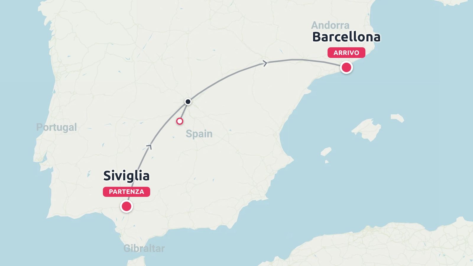 Mappa dell'itinerario di viaggio in Spagna che mostra un viaggio da Siviglia a Barcellona con una sosta intermedia