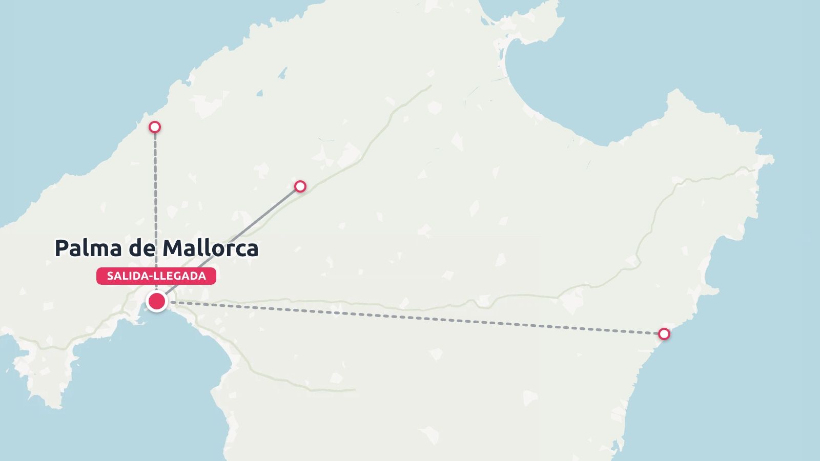 Mapa de viaje de Mallorca que muestra líneas de ruta que conectan múltiples paradas con inicio y fin en Palma de Mallorca.