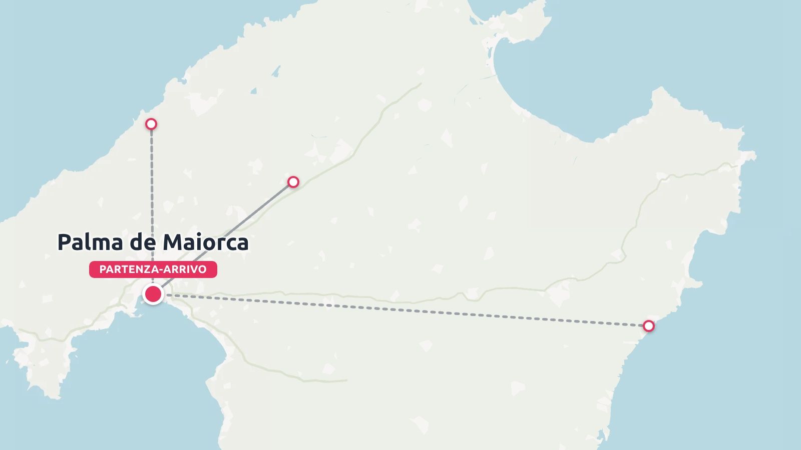 Una mappa dell'itinerario di viaggio di Maiorca che mostra Palma di Maiorca contrassegnata come punto di partenza e di arrivo con le destinazioni di collegamento