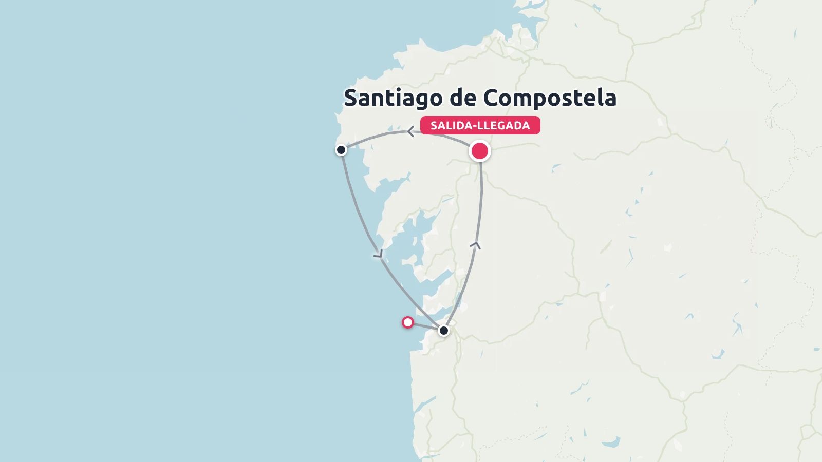 Un mapa de ruta de viaje que ilustra un itinerario circular que comienza y termina en Santiago de Compostela a lo largo de la costa.
