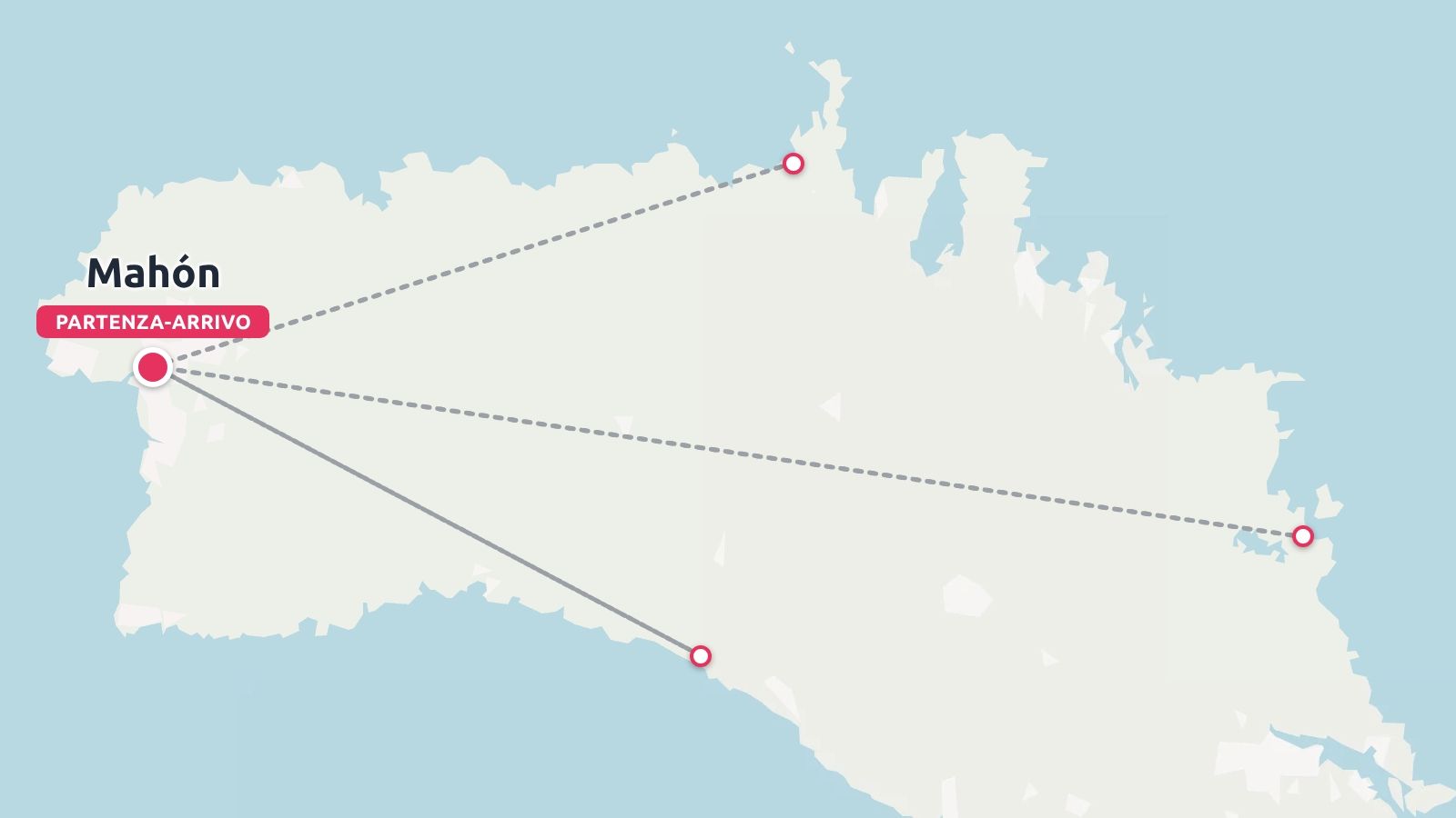 Una mappa dell'itinerario di viaggio di Minorca che mostra i percorsi di viaggio con partenza e ritorno a Mahón.