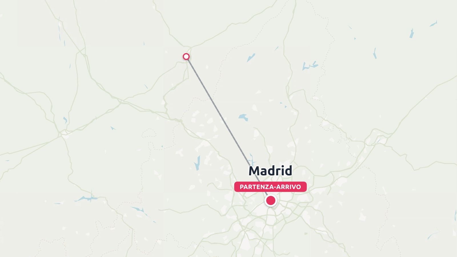 Mappa dell'itinerario di viaggio che mostra Madrid contrassegnata come punto di partenza e di arrivo con una linea che si estende verso nord-ovest