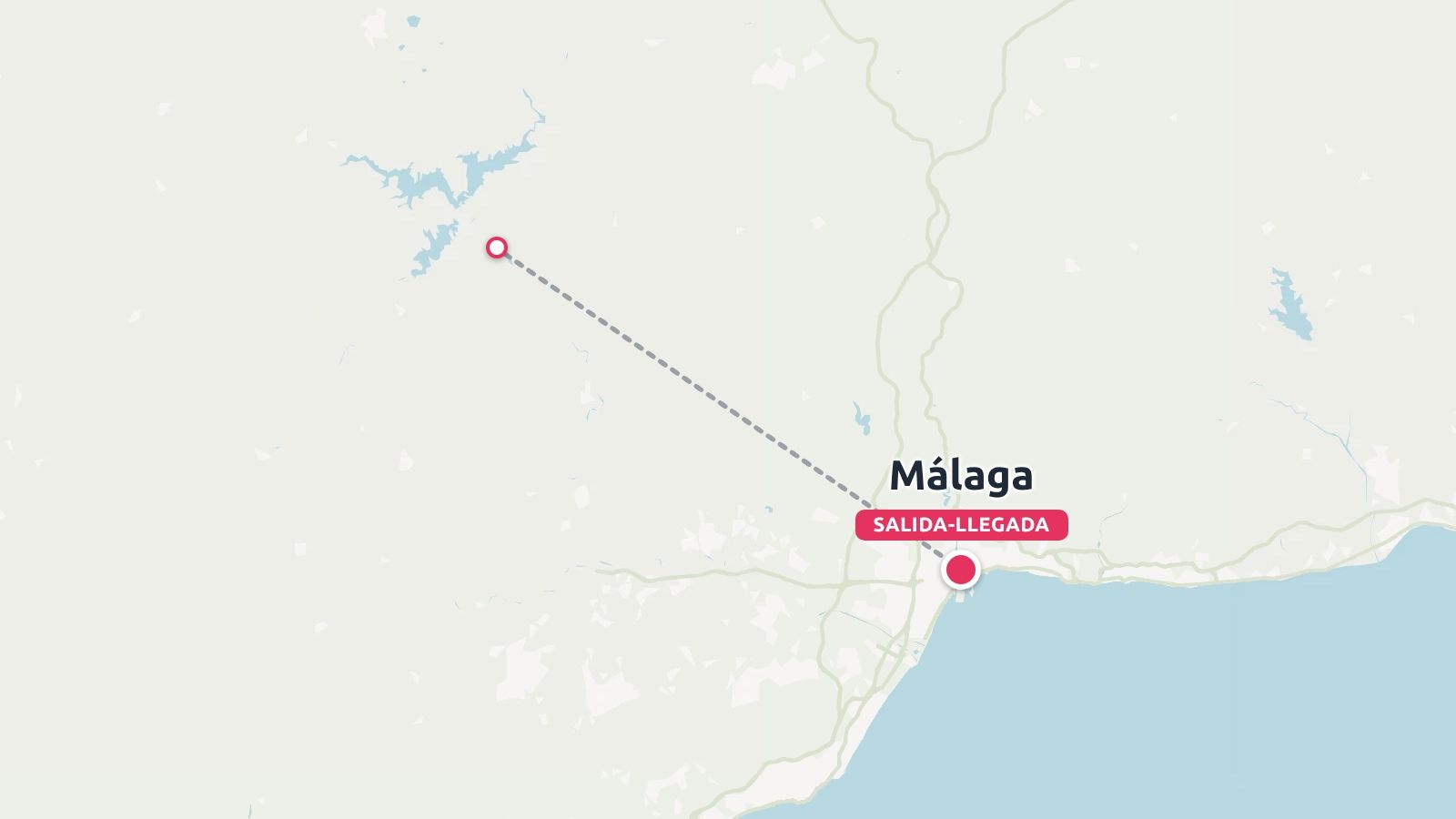 Un mapa de ruta de viaje que muestra una línea discontinua que conecta Málaga con un destino del interior cerca de un embalse.