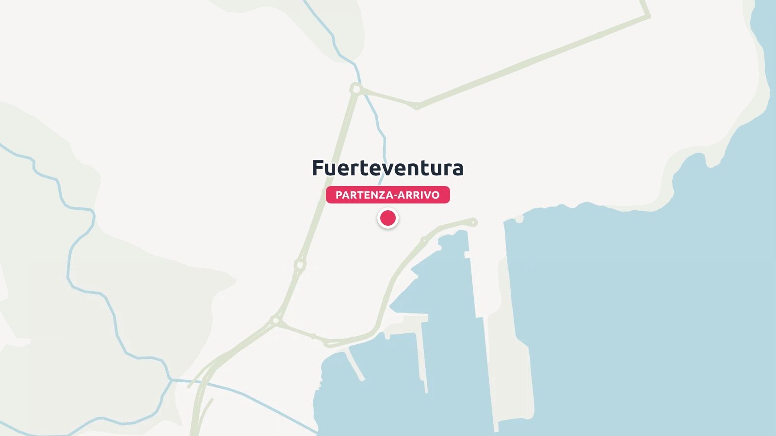 Mappa di Fuerteventura che evidenzia un luogo di partenza e di arrivo contrassegnato da uno spillo rosso lungo la costa.