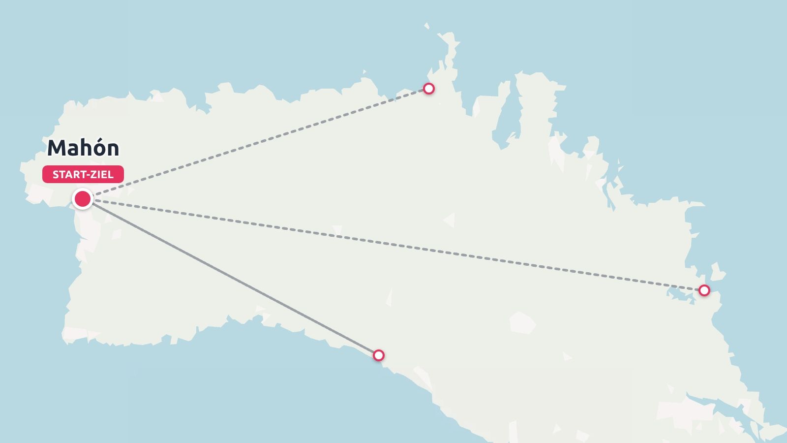 Reiseroutekarte mit Linien, die verschiedene Ziele auf einer Insel verbinden, mit Mahón als Start- und Endpunkt.