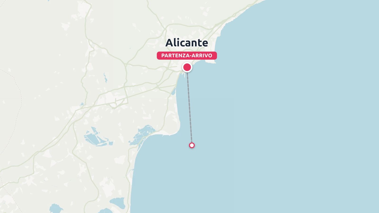 Mappa di viaggio che mostra un itinerario costiero con partenza e arrivo ad Alicante, che si protende nel mare.