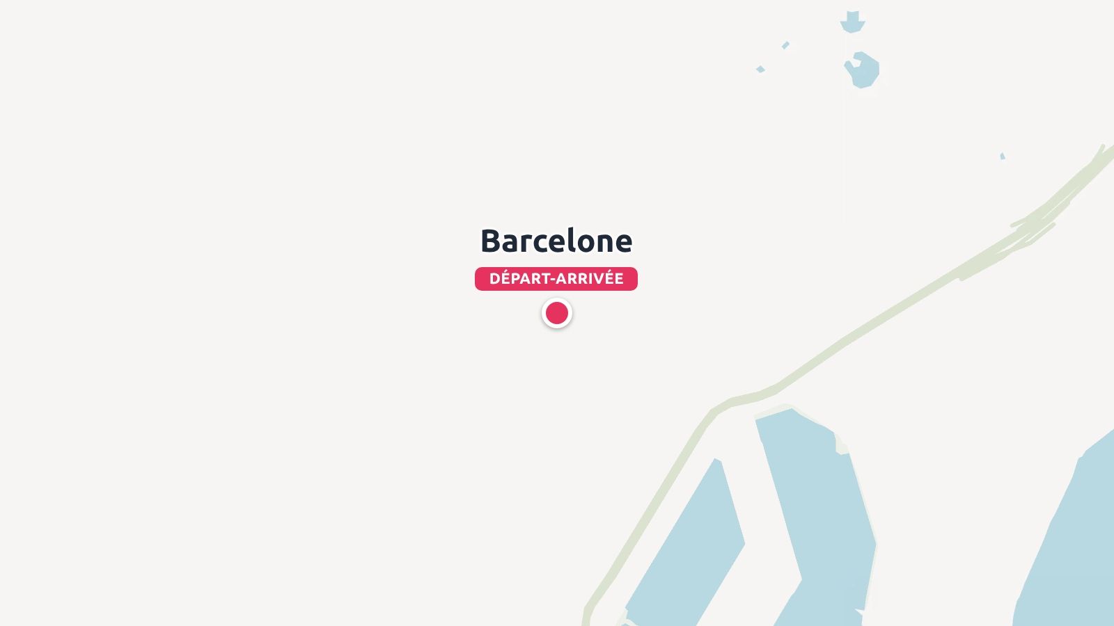 Une carte de voyage minimaliste indiquant Barcelone comme point de départ et d'arrivée avec une épingle rouge.
