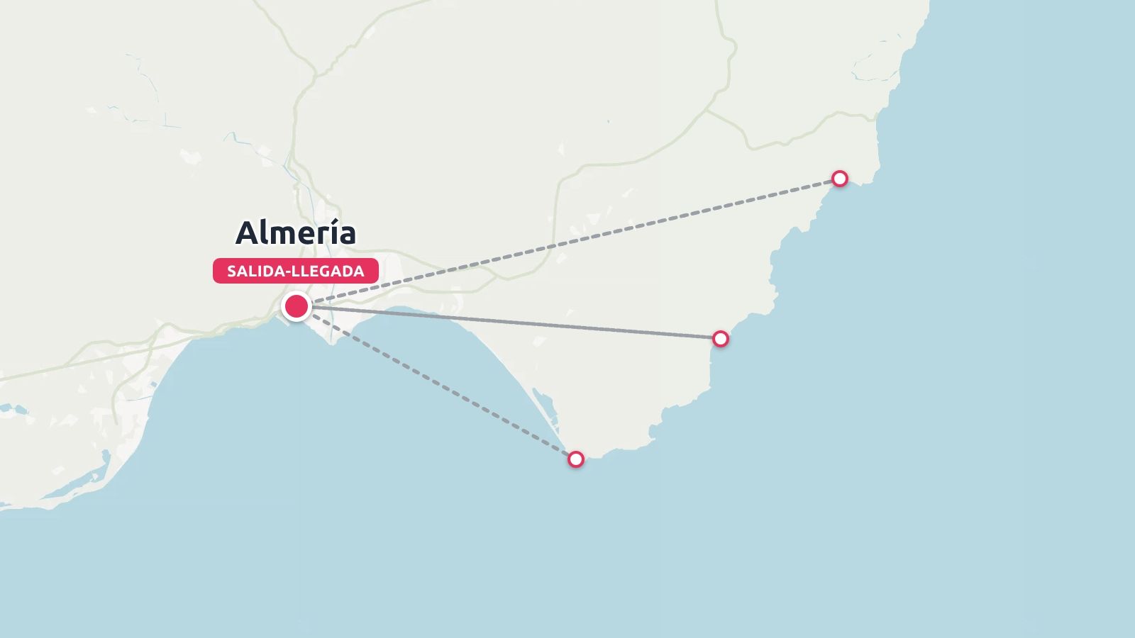Un mapa de ruta de viaje que muestra paradas a lo largo de la costa conectadas con Almería como punto de salida y llegada.